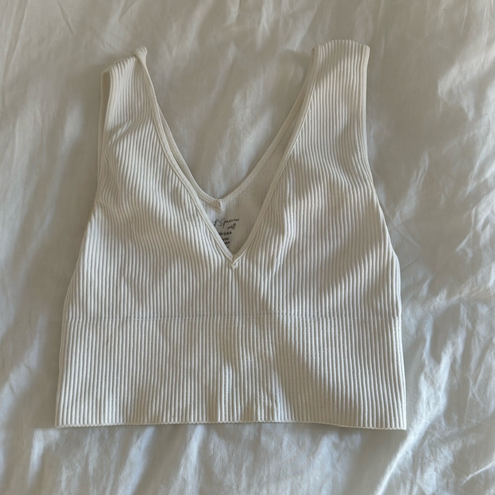 White Ribbed V-Neck Crop Top